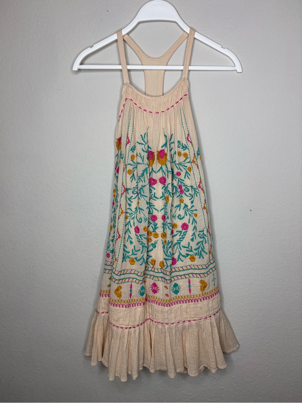 Anthropologie Embroidered Cream Boho Dress - Floral Detail